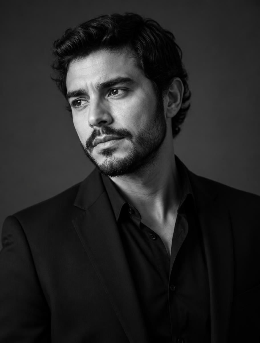 Retrato editorial em preto e branco de Gabriel Costa